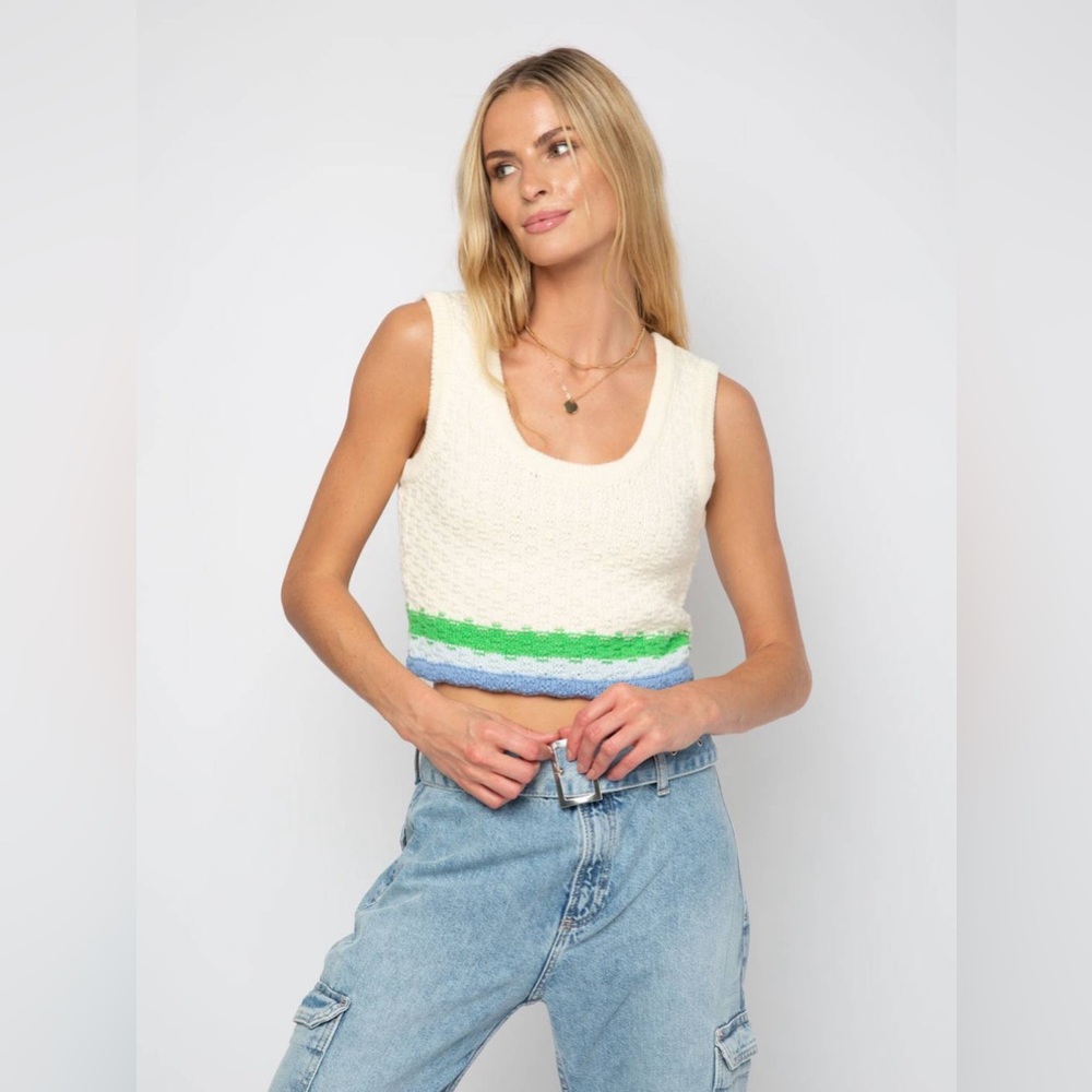 CENTRAL PARK WEST Blue Multi Charlie Cropped Tank Top Sweater Knit NWOT | Small